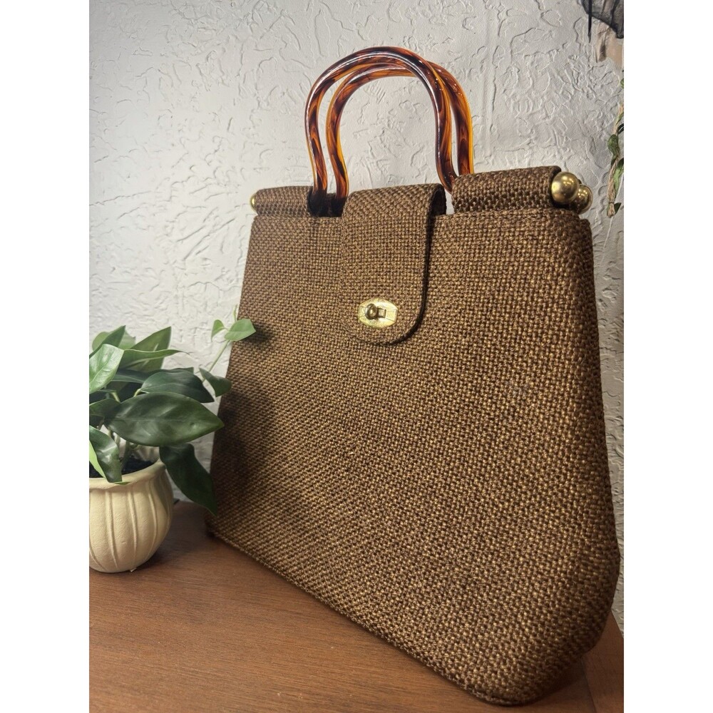 Vintage Woven Burlap Tortoise Lucite Handle Twist Lock Purse Bag Tote